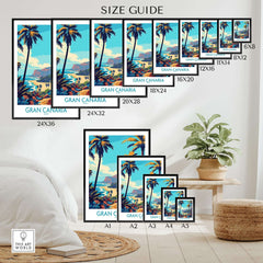 Gran Canaria Travel Poster - Canary Islands size guide displayed with various frames and dimensions in a stylish home setting.