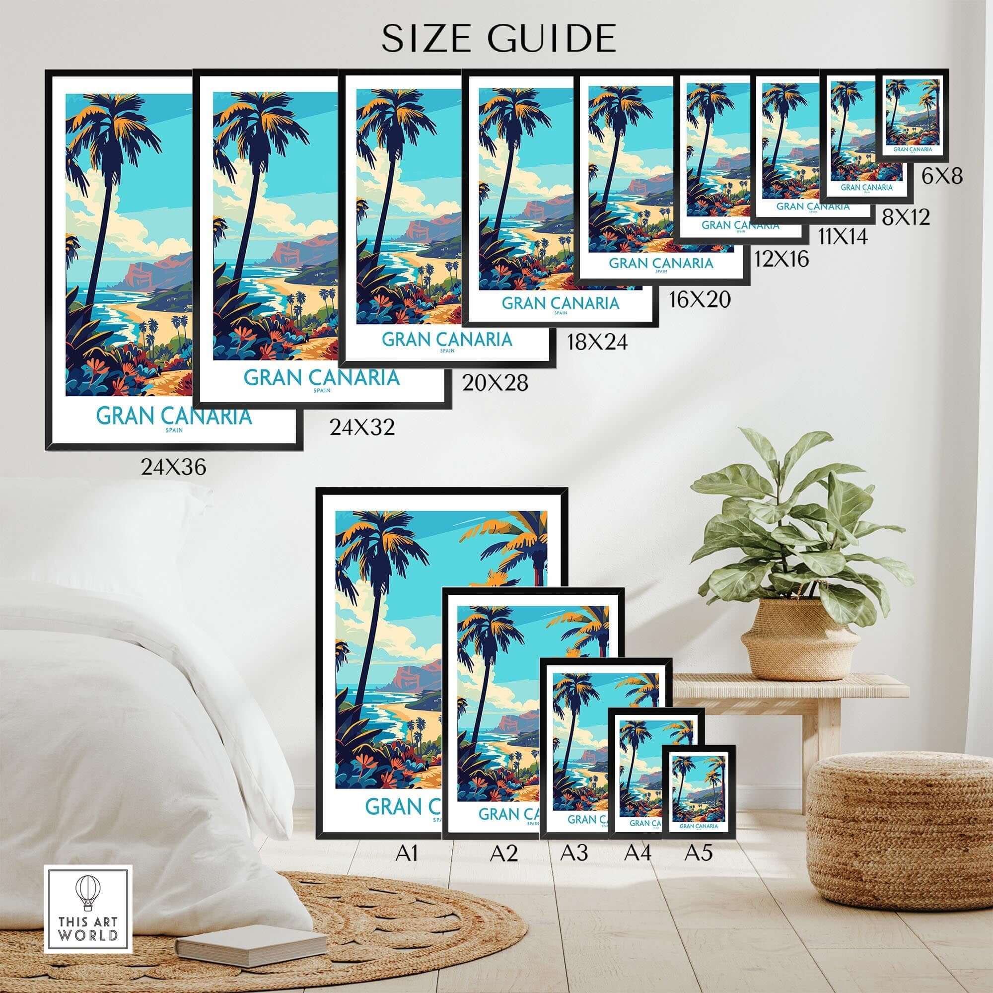 Gran Canaria Travel Poster - Canary Islands size guide displayed with various frames and dimensions in a stylish home setting.