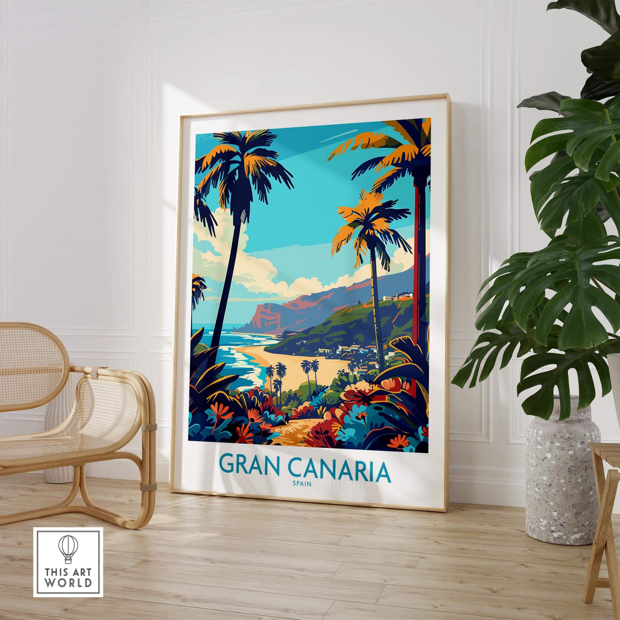 Gran Canaria Travel Poster - Canary Islands featuring vibrant tropical scenery and palm trees in a stylish interior.