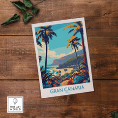 Gran Canaria Travel Poster - Canary Islands featuring vibrant tropical scenery and lush foliage.