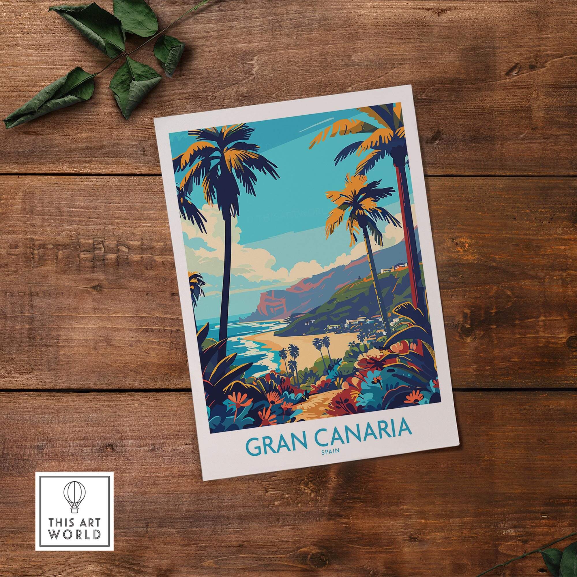 Gran Canaria Travel Poster - Canary Islands featuring vibrant tropical scenery and lush foliage.