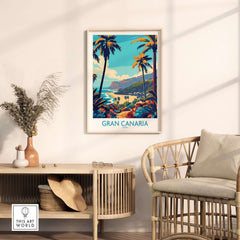 Gran Canaria Travel Poster - Canary Islands displayed in a stylish living room setting with palm trees and scenic views.