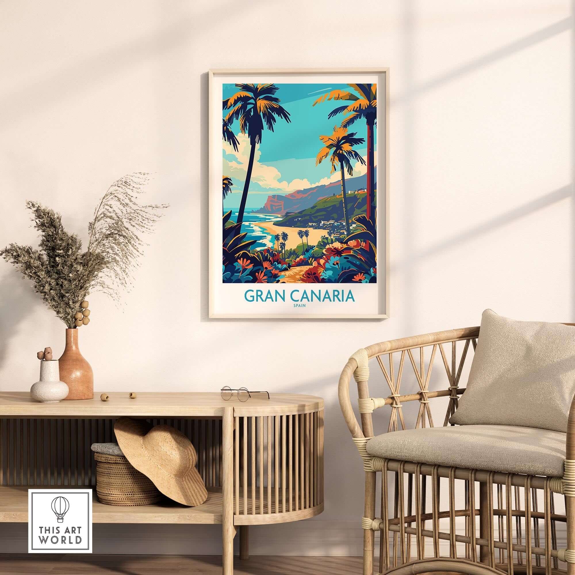 Gran Canaria Travel Poster - Canary Islands displayed in a stylish living room setting with palm trees and scenic views.