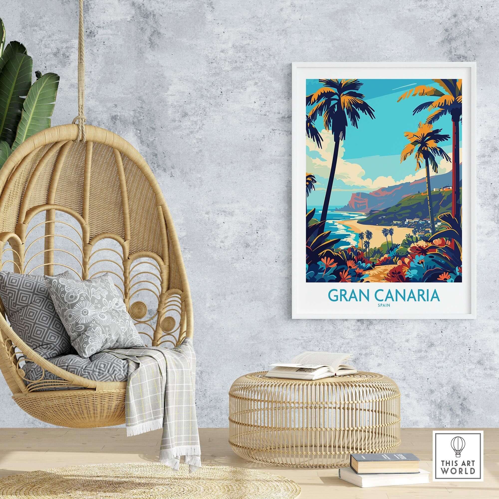 Gran Canaria Travel Poster - Canary Islands showcasing vibrant beach and palm scenery in a stylish home setting.