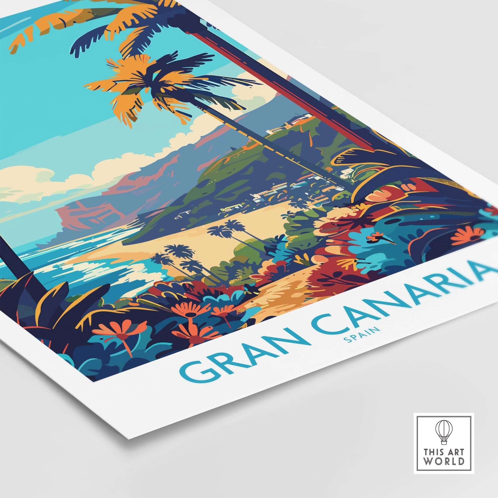 Gran Canaria Travel Poster - Canary Islands with vibrant tropical scenery and palm trees, showcasing the beauty of Spain.