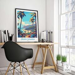 Gran Canaria Travel Poster - Canary Islands displayed in a stylish modern workspace with palm trees and beach scenery.