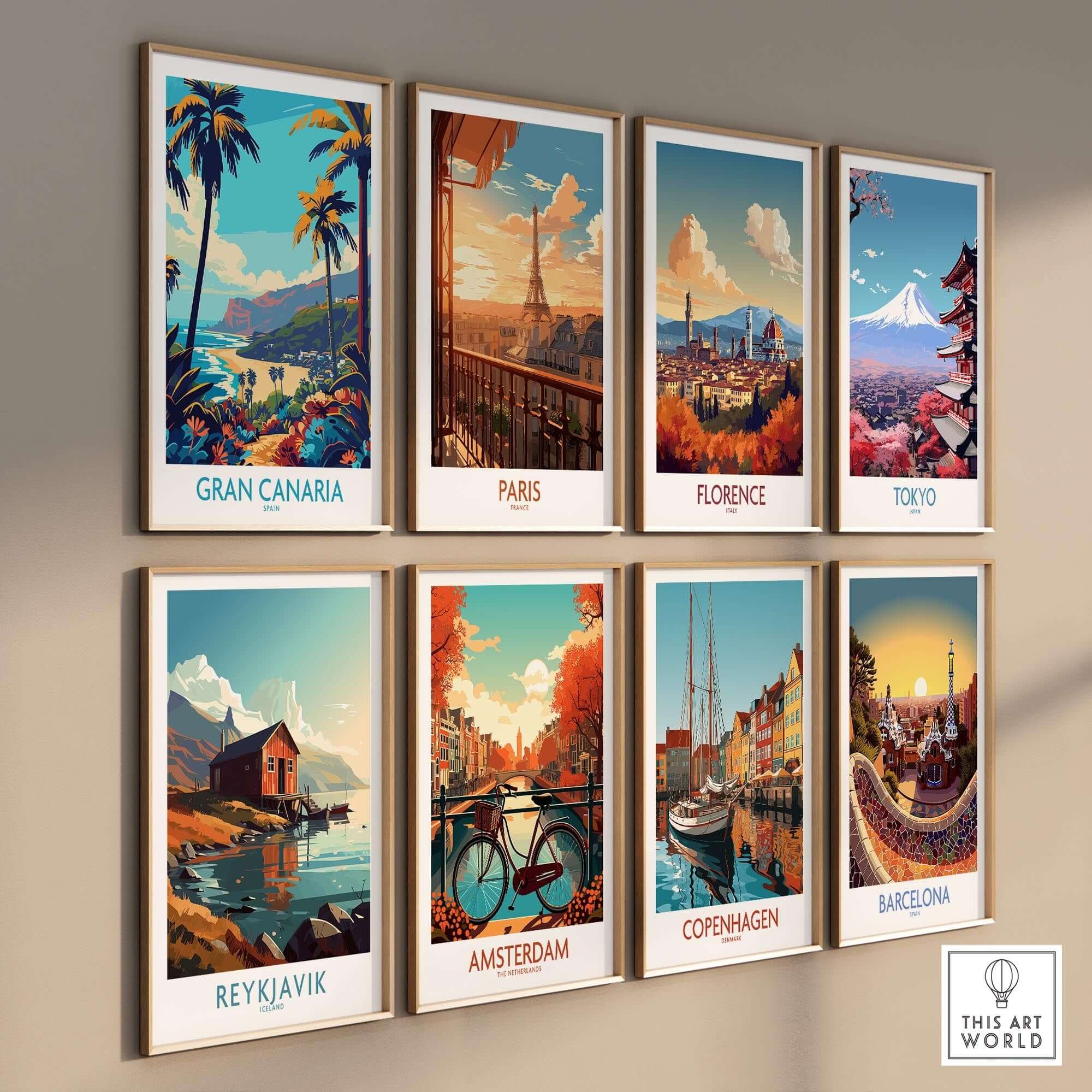 Gran Canaria Travel Poster - Canary Islands and other city travel posters displayed in frames on a wall.
