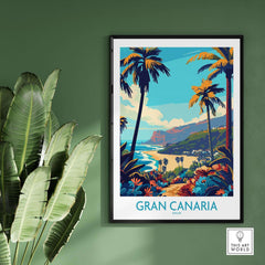Gran Canaria Travel Poster - Canary Islands with vibrant scenery of Gran Canaria and palm trees