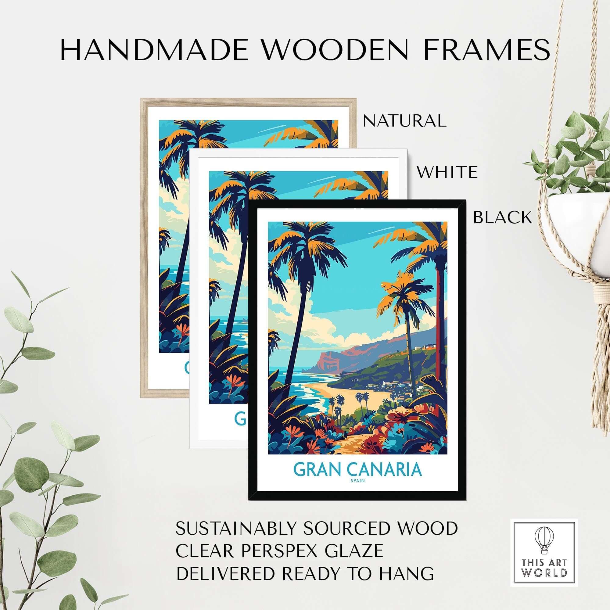 Handmade wooden frames showcasing Gran Canaria Travel Poster - Canary Islands with natural, white, and black options.
