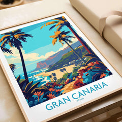 Gran Canaria Travel Poster - Canary Islands featuring vibrant tropical scenery and lush palm trees.