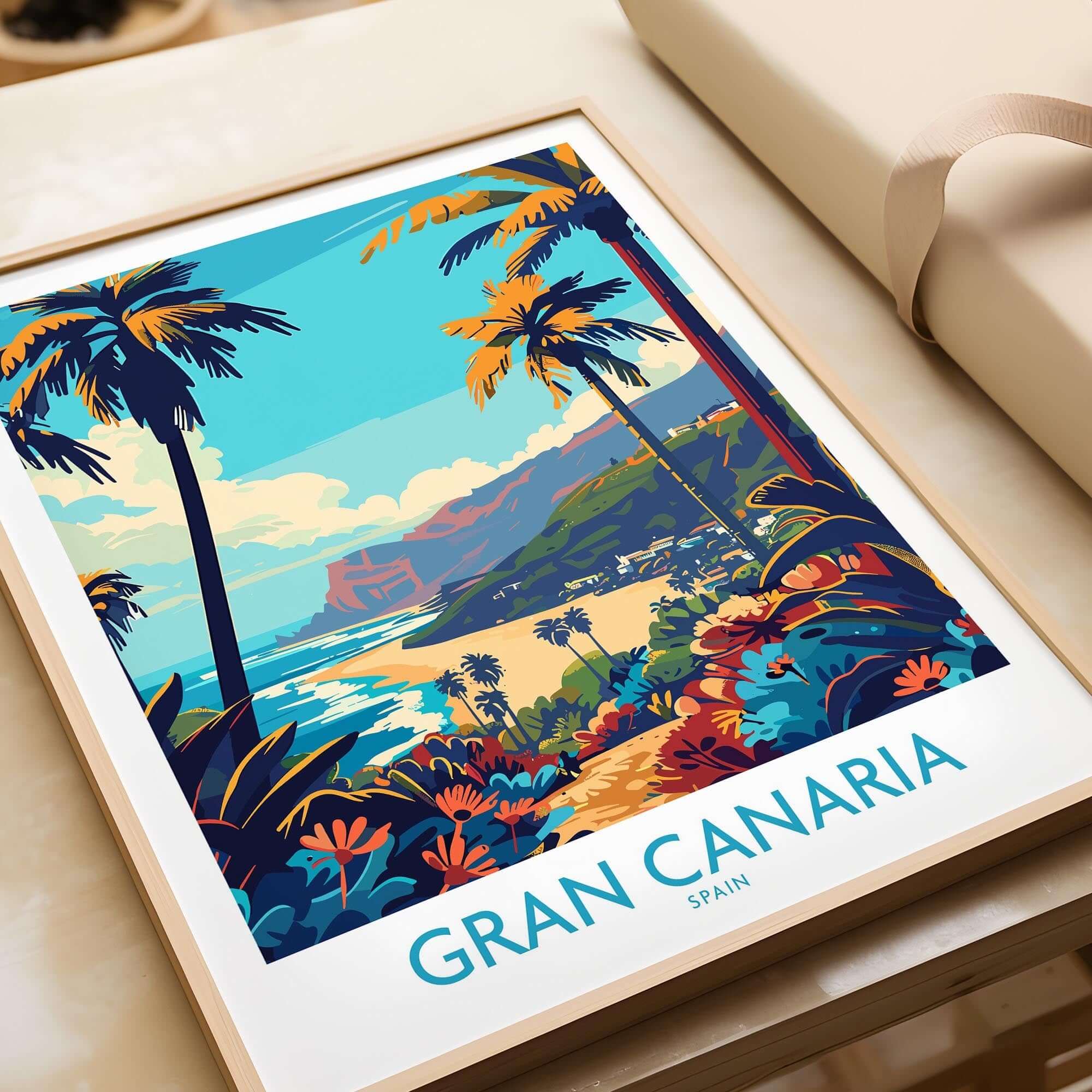 Gran Canaria Travel Poster - Canary Islands featuring vibrant tropical scenery and lush palm trees.