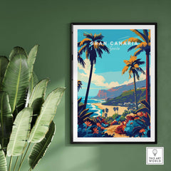 Gran Canaria Travel Print - Canary Islands showcasing a vibrant beach scene with palm trees and mountains.