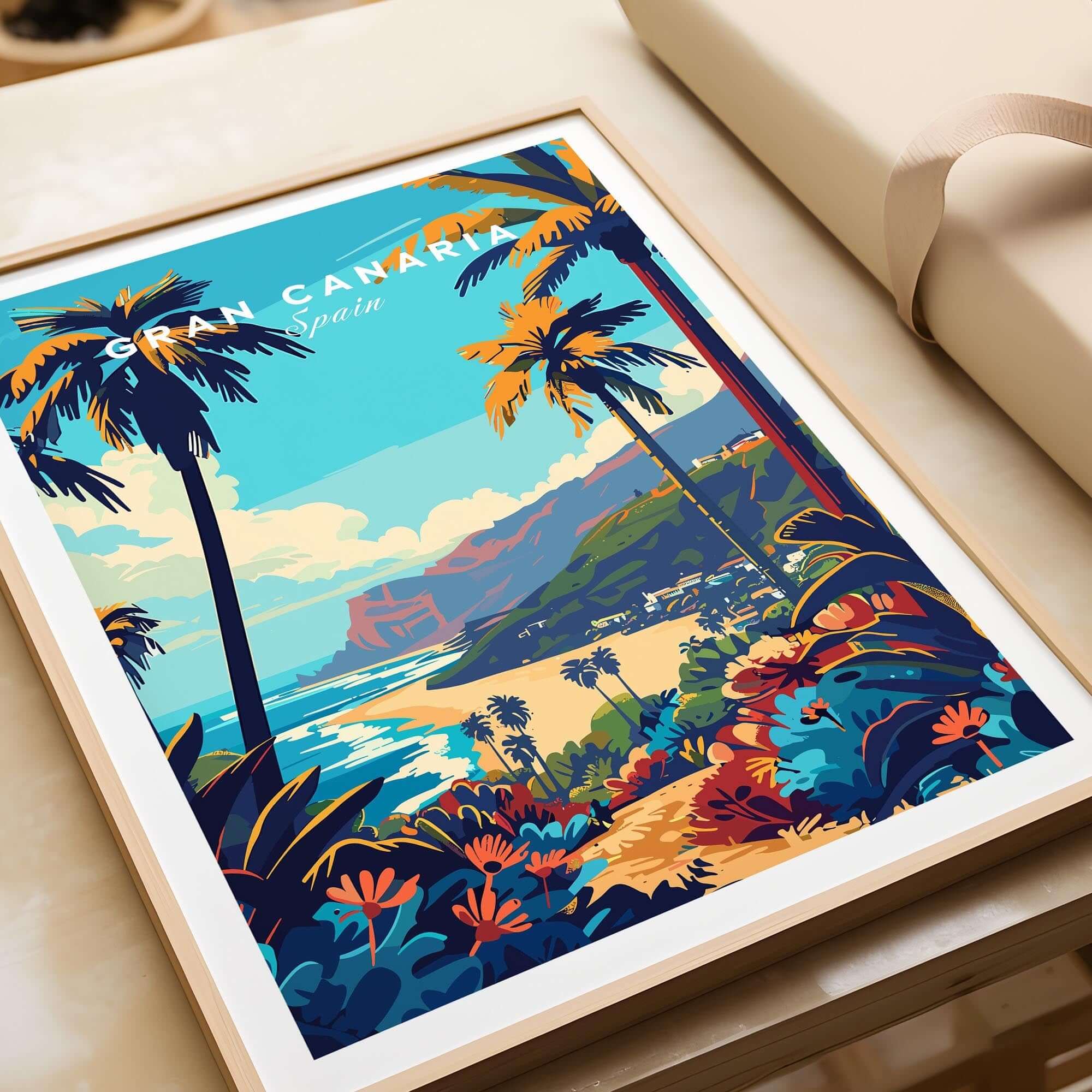 Gran Canaria Travel Print - Canary Islands showcasing vibrant beaches and lush landscapes in a colorful travel poster.