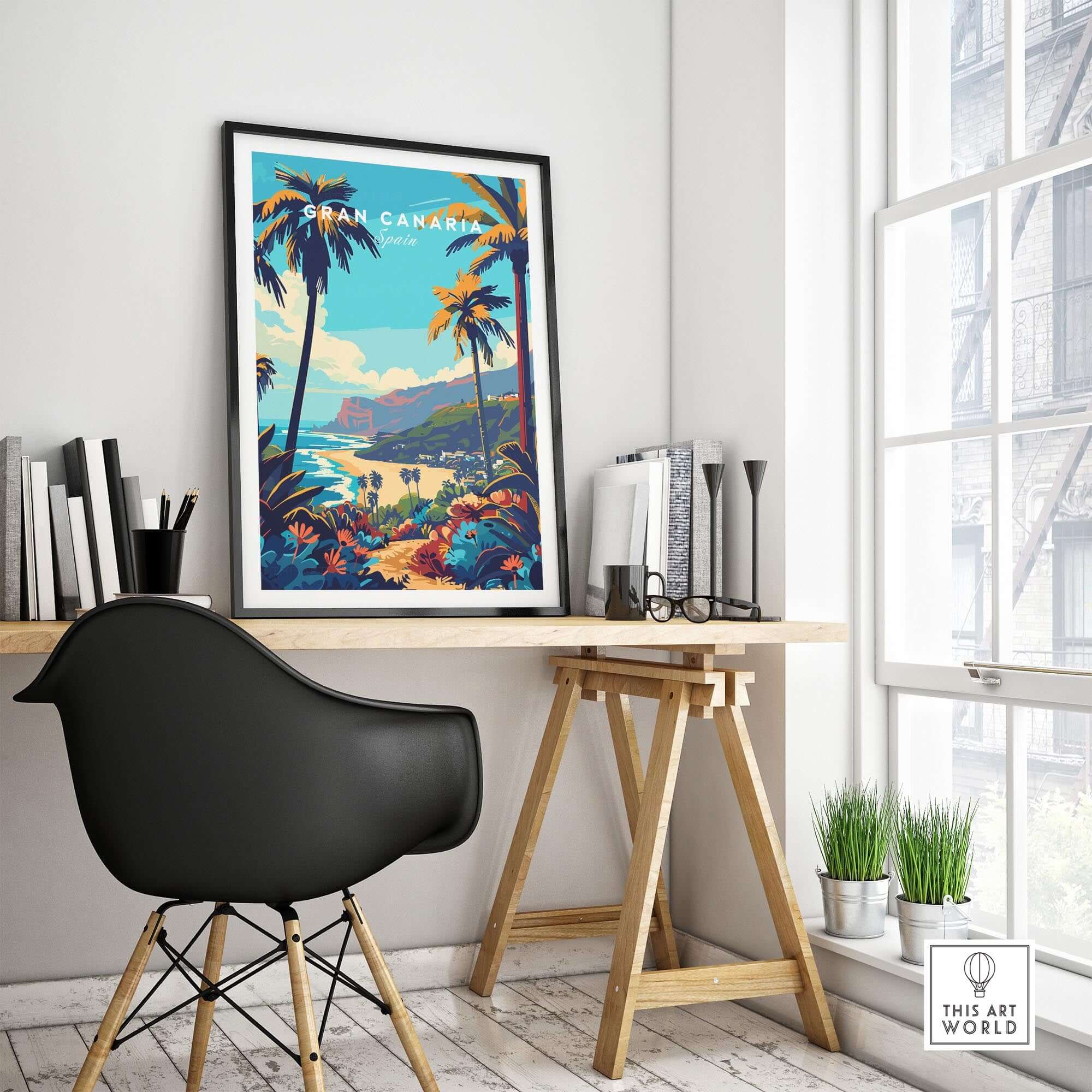 Gran Canaria Travel Print - Canary Islands displayed in a stylish home office setting.