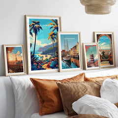 Gran Canaria Travel Print - Canary Islands showcased among other travel posters in a stylish home decor setting.