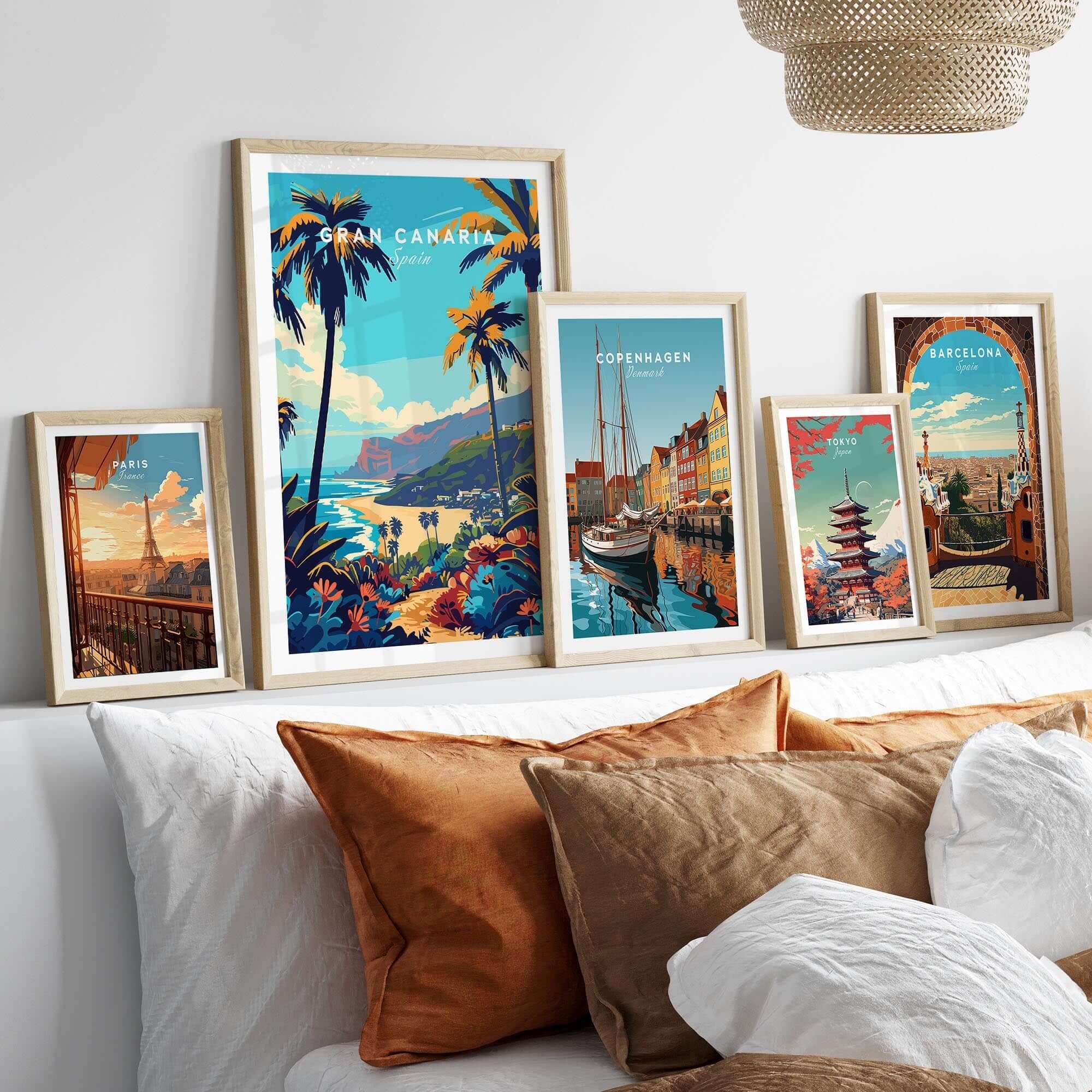 Gran Canaria Travel Print - Canary Islands showcased among other travel posters in a stylish home decor setting.