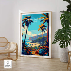 Gran Canaria Travel Print - Canary Islands vibrant travel poster showcasing palm trees and a coastal view.
