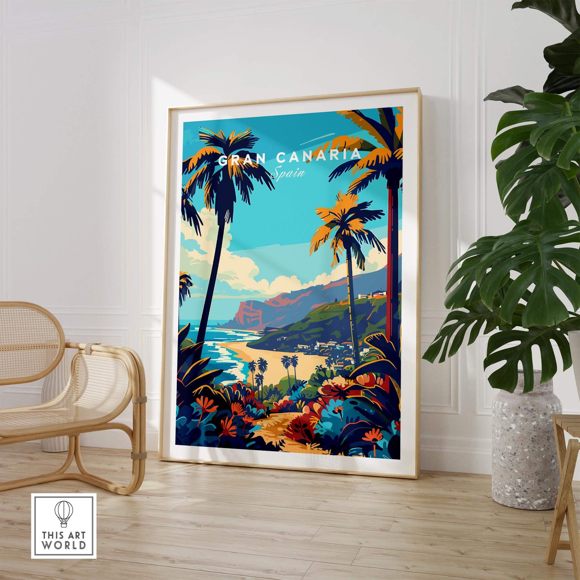 Gran Canaria Travel Print - Canary Islands vibrant travel poster showcasing palm trees and a coastal view.