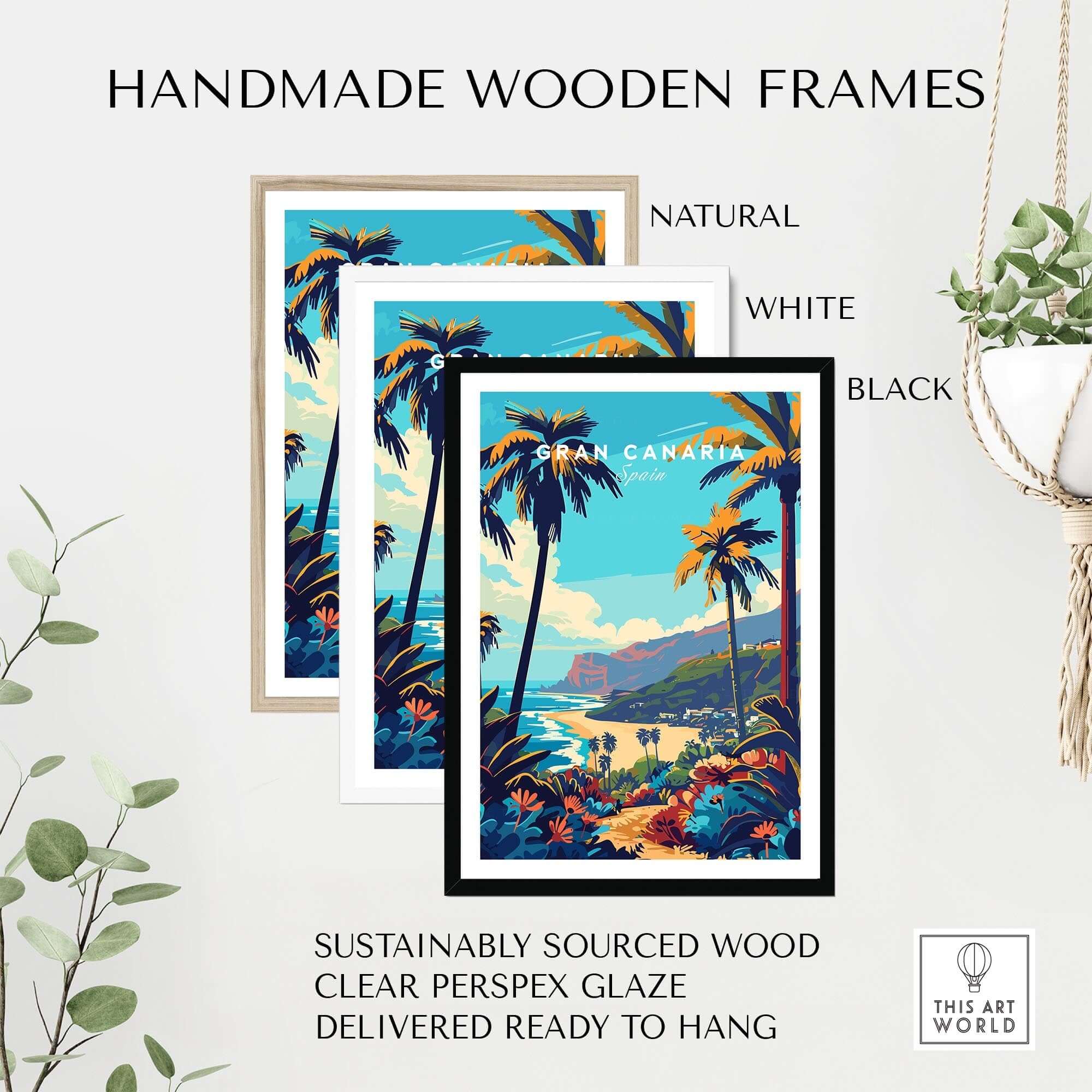 Gran Canaria Travel Print - Canary Islands displayed in handmade wooden frames of natural, white, and black colors.