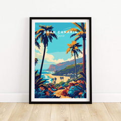 Gran Canaria Travel Print - Canary Islands featuring a colorful landscape with palm trees and vibrant colors.