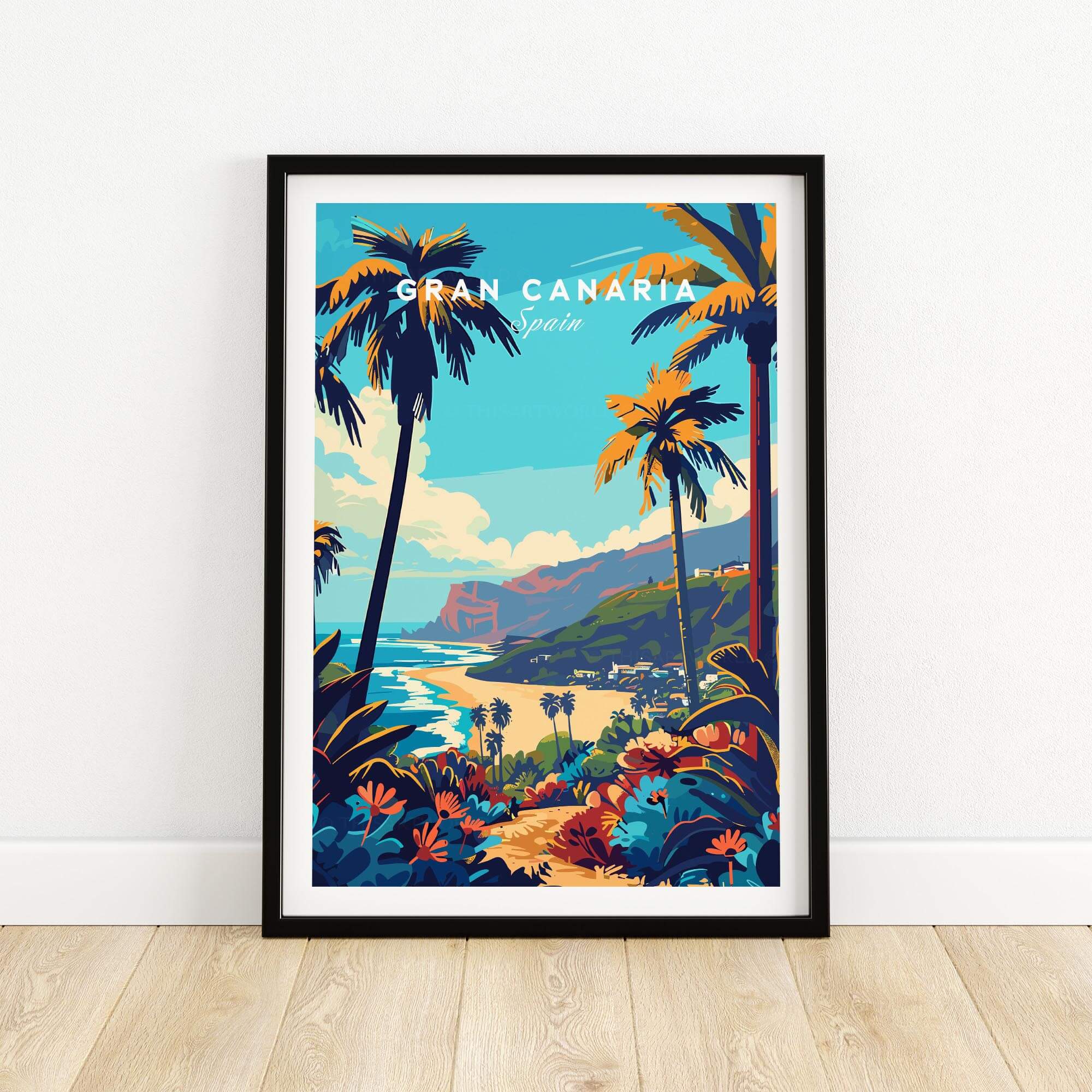 Gran Canaria Travel Print - Canary Islands featuring a colorful landscape with palm trees and vibrant colors.