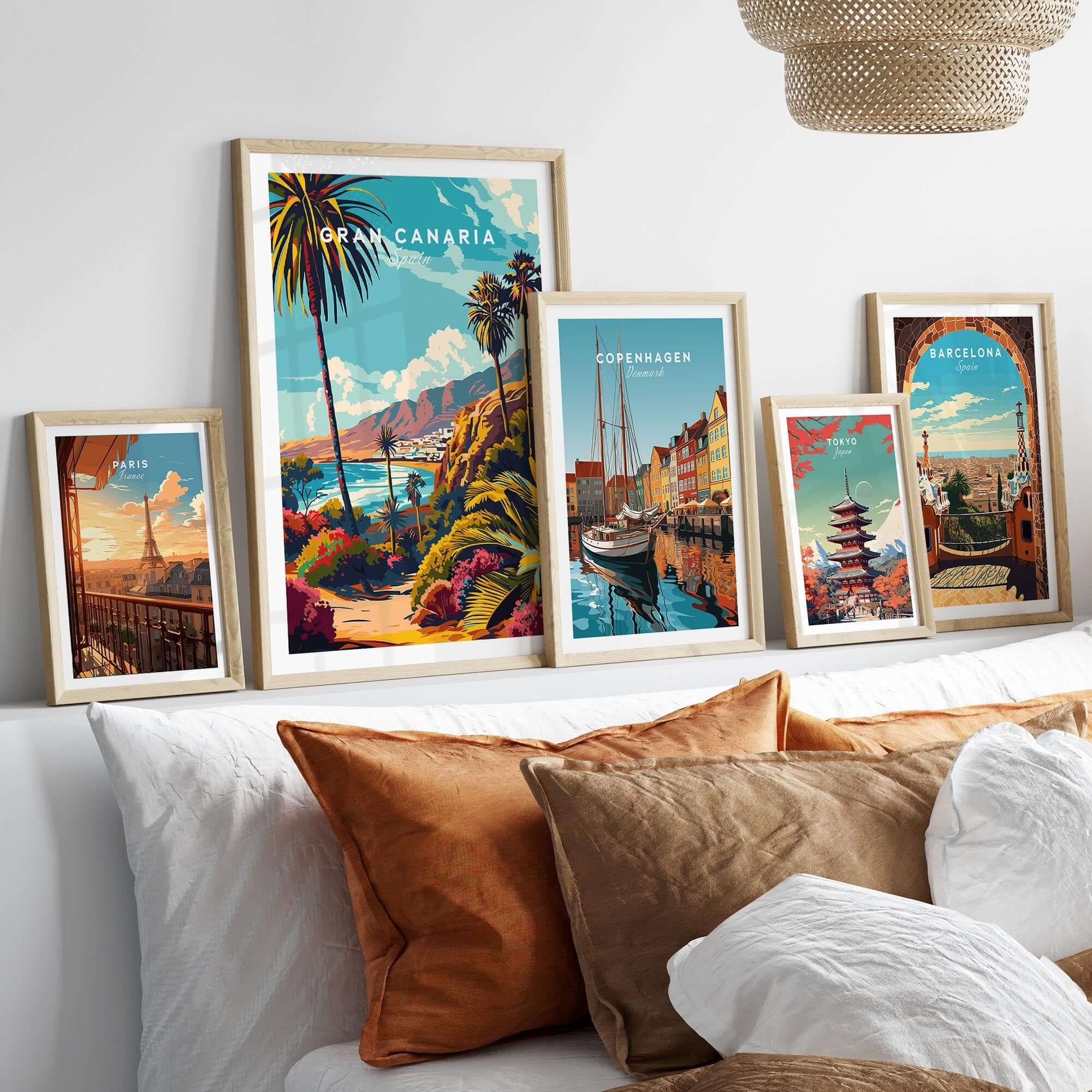 Gran Canaria Wall Art - Canary Islands displayed in stylish frames above a cozy bed with decorative pillows.