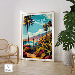 Gran Canaria Wall Art - Canary Islands framed poster featuring vibrant landscapes and palm trees in a stylish interior setting.