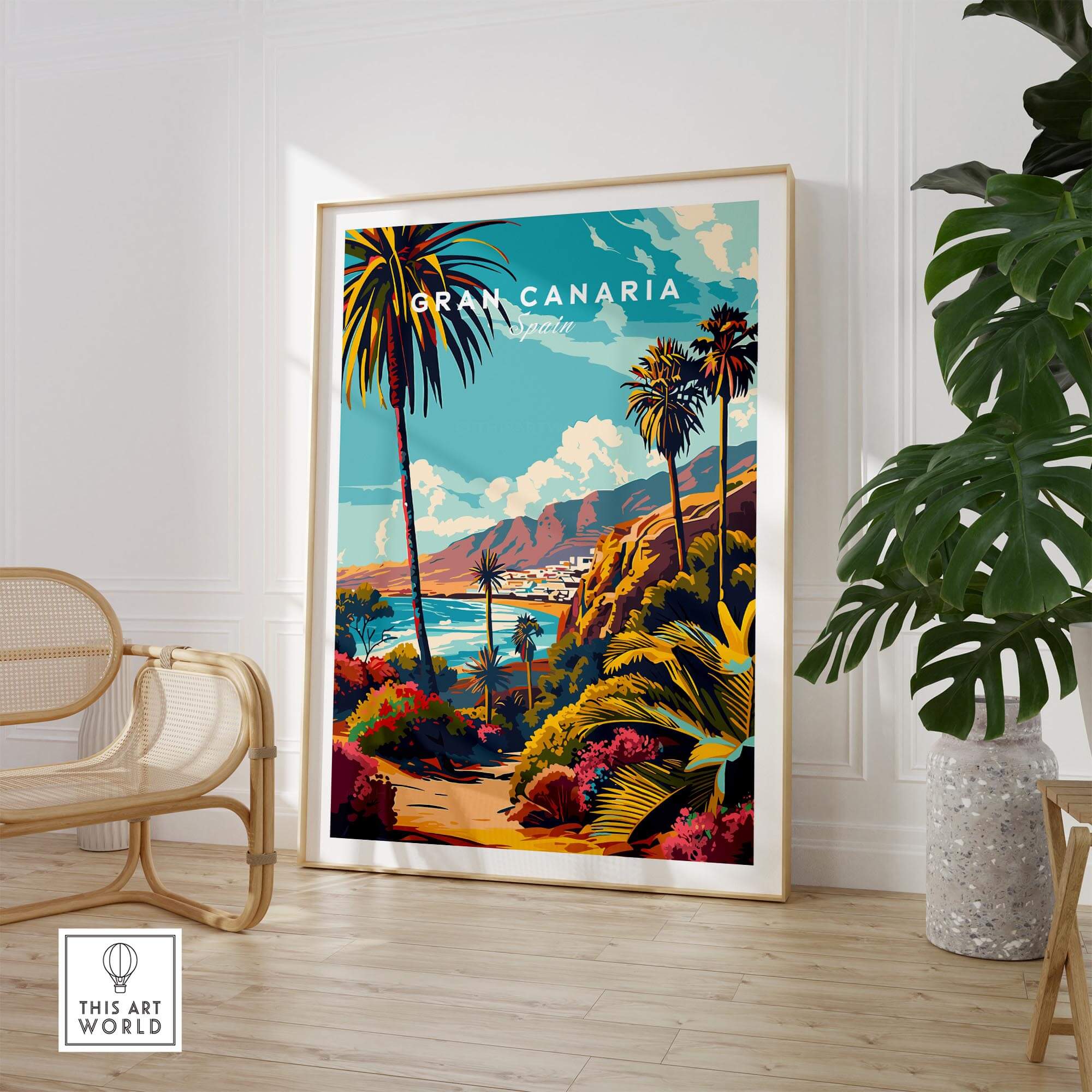 Gran Canaria Wall Art - Canary Islands framed poster featuring vibrant landscapes and palm trees in a stylish interior setting.