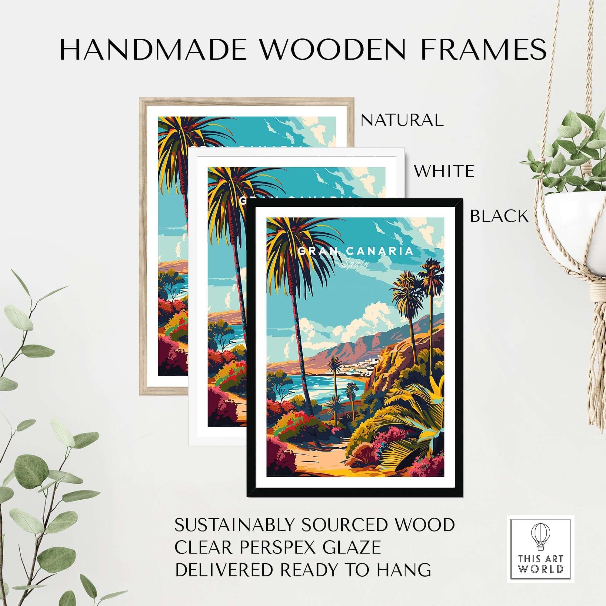 Gran Canaria Wall Art - Canary Islands displayed in handmade wooden frames of various colors.