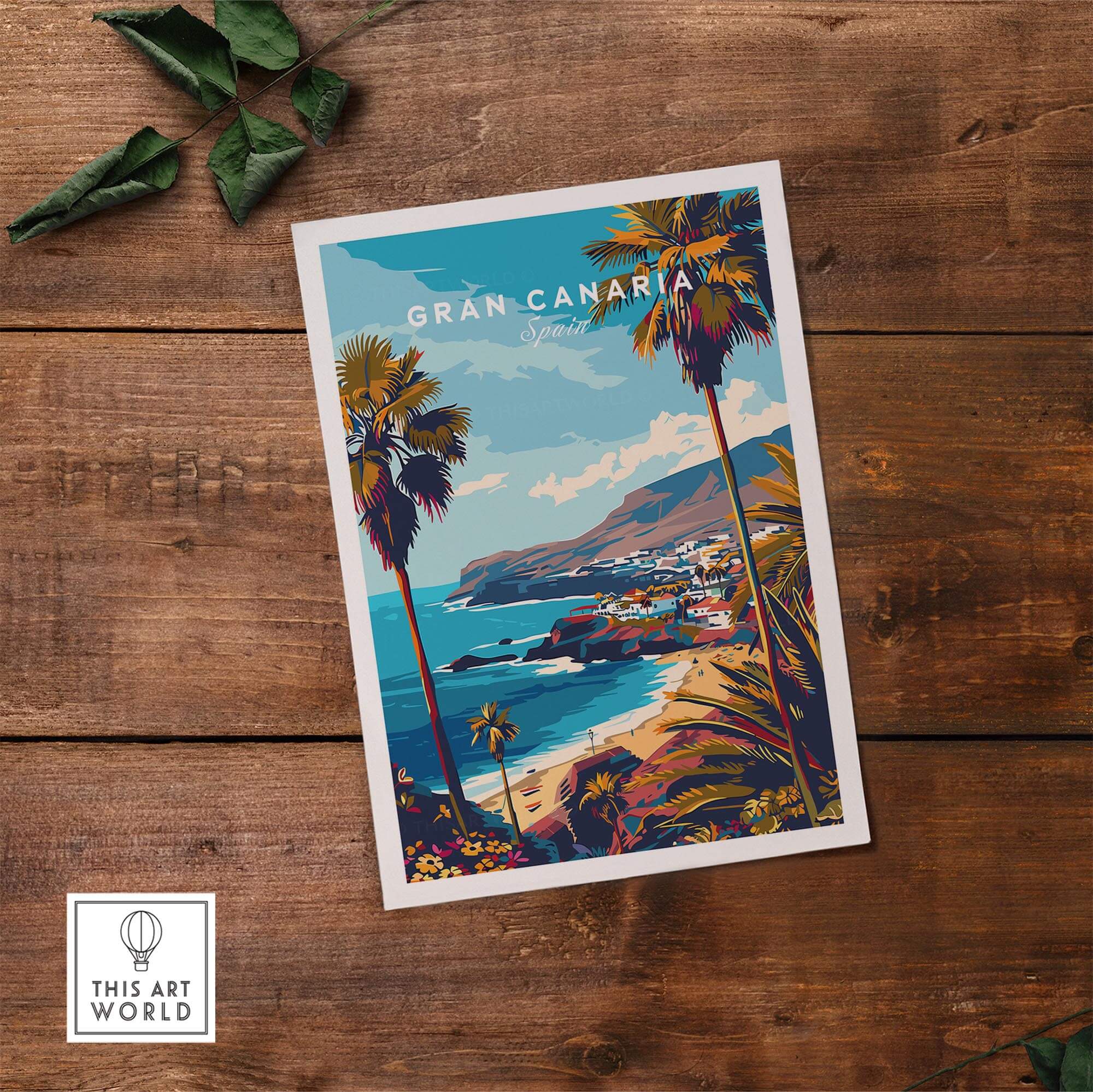 Gran Canaria - Wall Art Print featuring a vibrant tropical scene with palm trees and stunning coastal views.