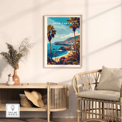 Gran Canaria - Wall Art Print featuring vibrant palm trees and beach scenery in a stylish interior setting.