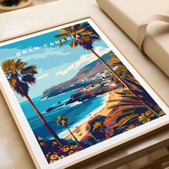 Gran Canaria - Wall Art Print featuring vibrant coastal scenery and palm trees in a colorful design.