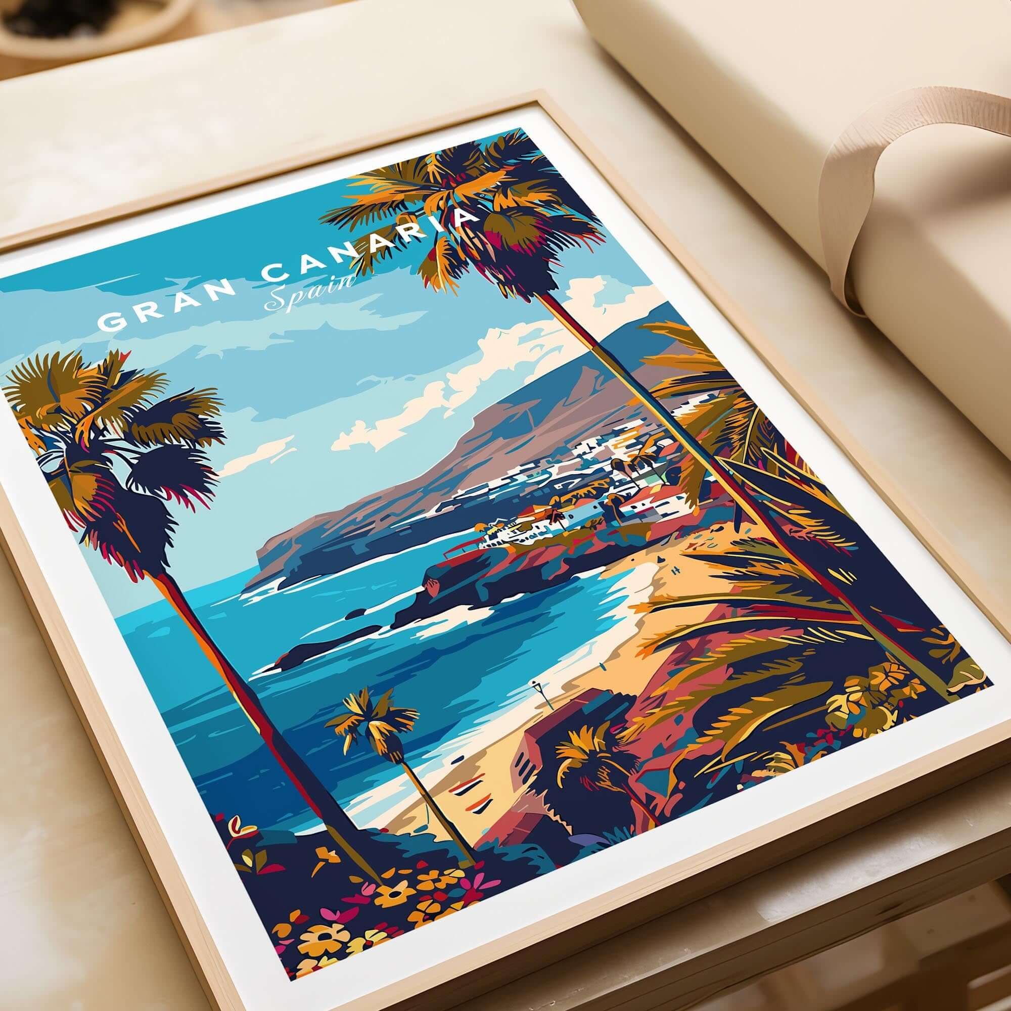 Gran Canaria - Wall Art Print featuring vibrant coastal scenery and palm trees in a colorful design.