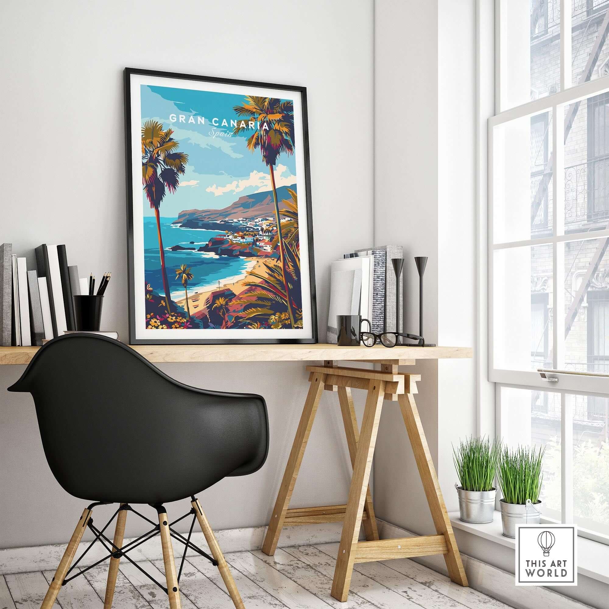 Gran Canaria - Wall Art Print displayed in a modern workspace, featuring coastal views and vibrant palm trees.