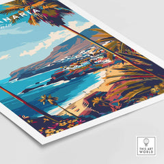 Gran Canaria - Wall Art Print showcasing a vibrant coastal view with palm trees and mountains in the background.