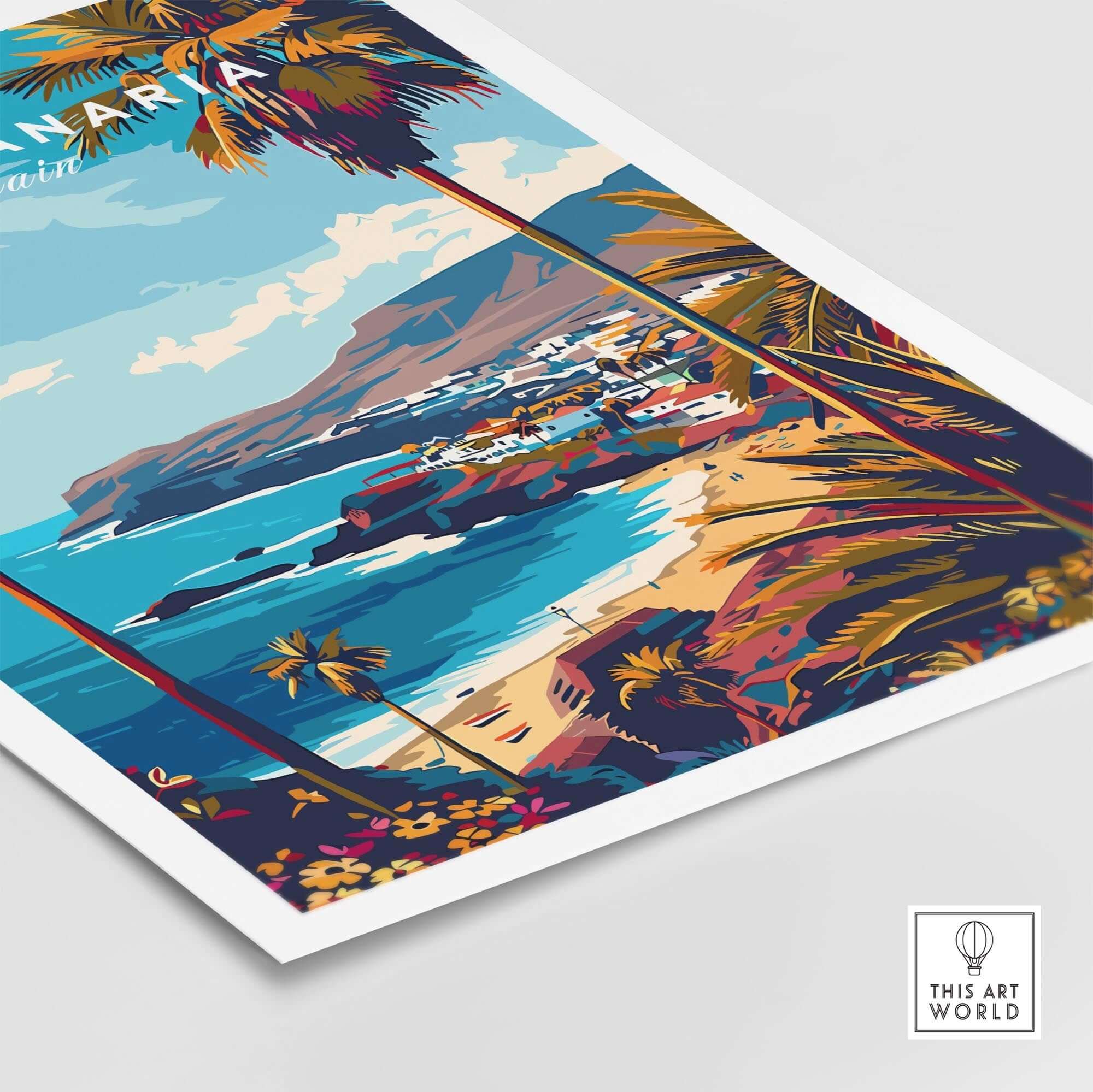 Gran Canaria - Wall Art Print showcasing a vibrant coastal view with palm trees and mountains in the background.