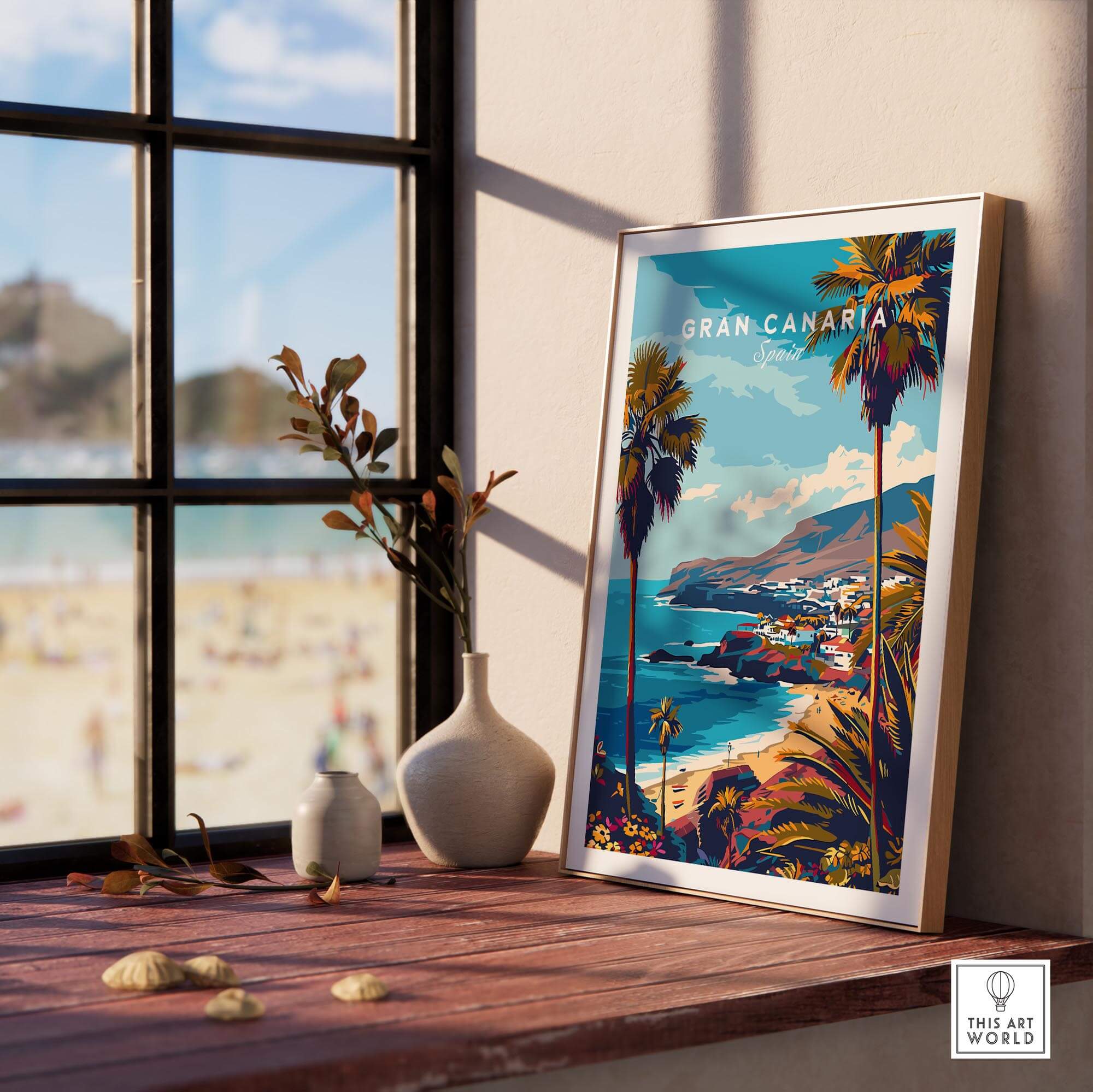 Gran Canaria - Wall Art Print displayed on a windowsill, showcasing vibrant colors and tropical scenery.