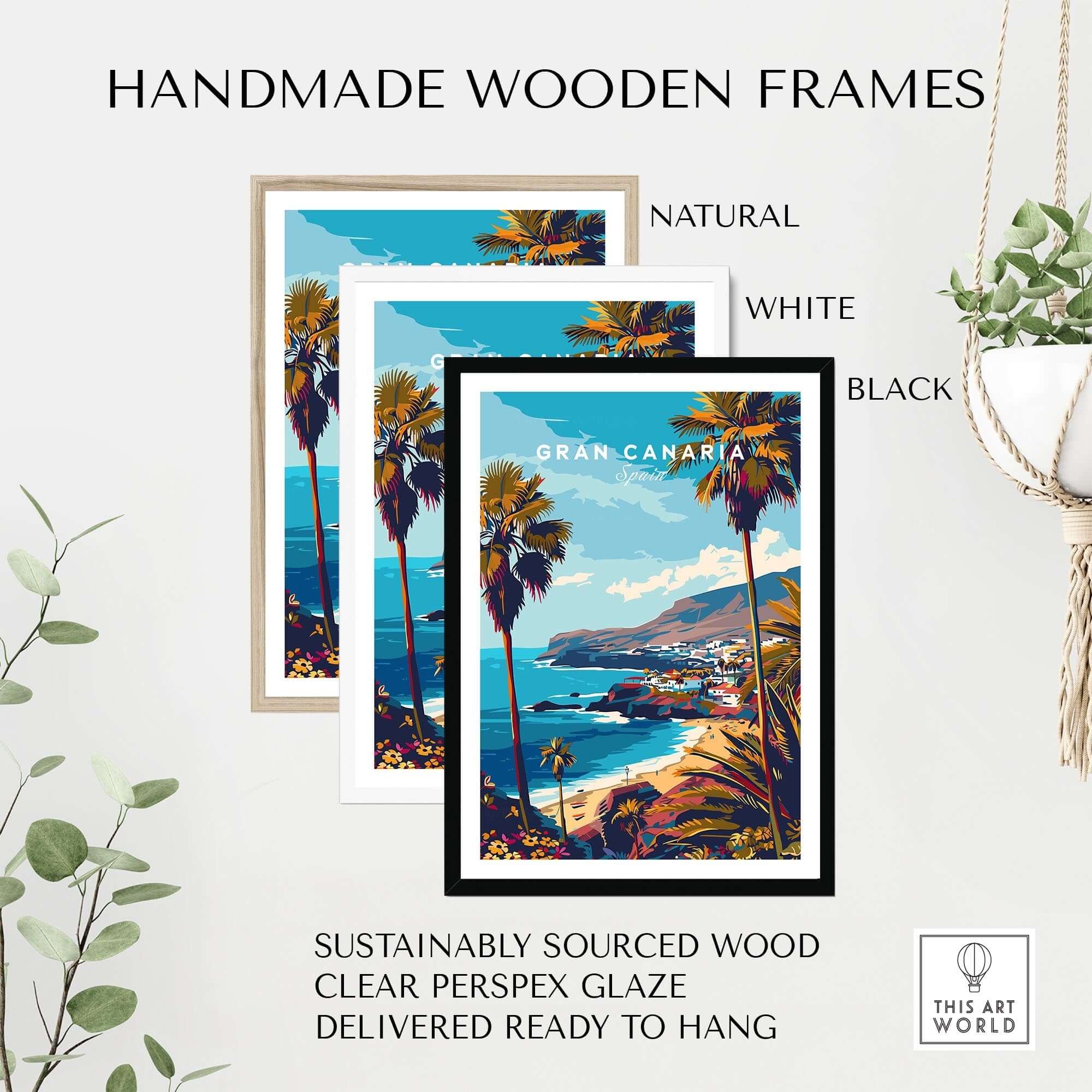Gran Canaria - Wall Art Print displayed in handmade wooden frames in natural, white, and black colors.