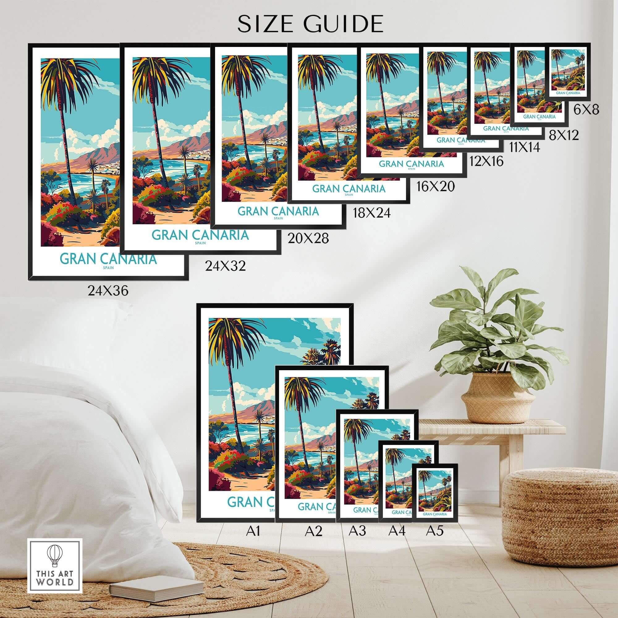 Gran Canaria Wall Art Print - Canary Islands size guide showcasing available print sizes and stunning landscape.