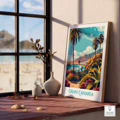 Gran Canaria Wall Art Print - Canary Islands displayed on a windowsill, showcasing scenic beach and palm trees.