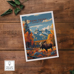 Grand Teton Poster | National Park Print featuring a moose and stunning mountain scenery.
