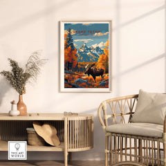 Grand Teton Poster | National Park Print displayed in a cozy living room with nature-themed decor.
