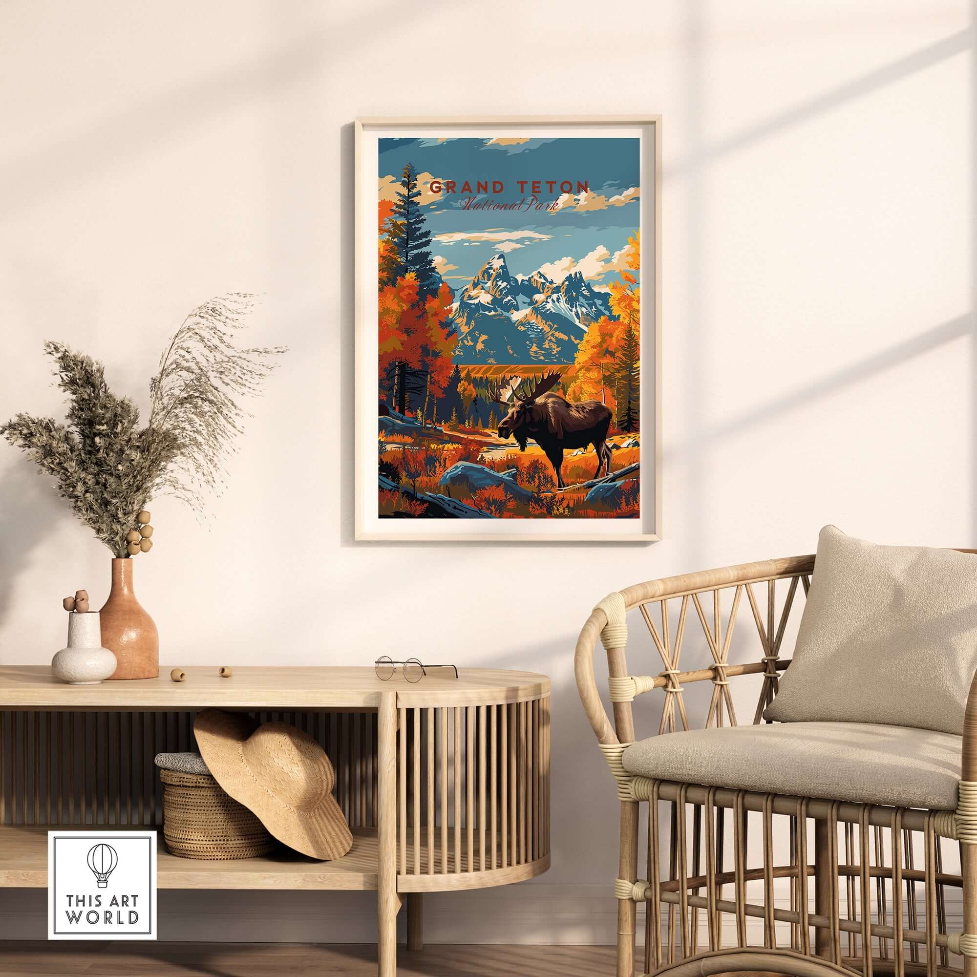 Grand Teton Poster | National Park Print displayed in a cozy living room with nature-themed decor.