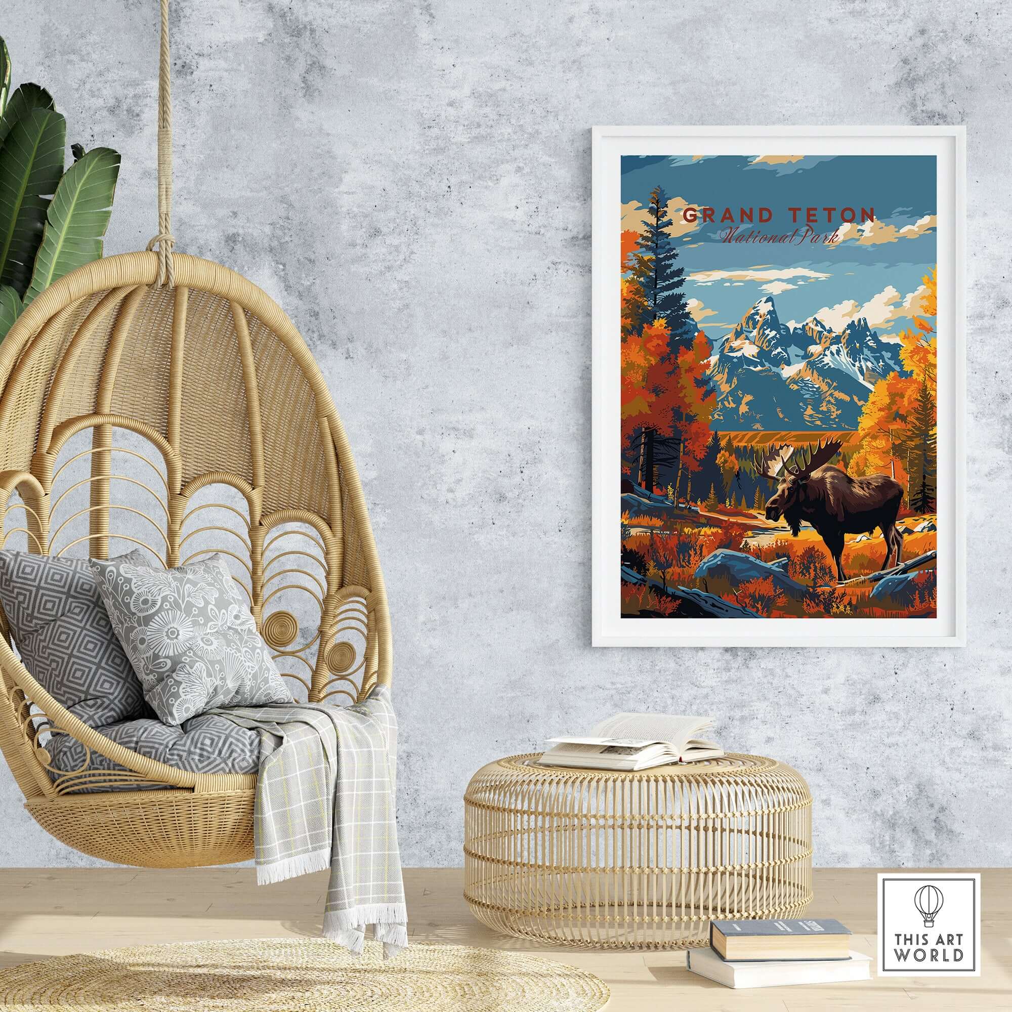 Grand Teton Poster | National Park Print featuring beautiful mountains and wildlife decor in a cozy home setting.
