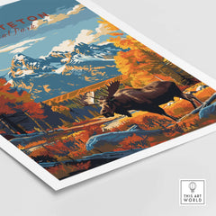 Grand Teton Poster | National Park Print featuring a majestic moose in a vibrant autumn landscape.