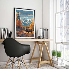 Grand Teton Poster | National Park Print showcased in stylish home office decor with a modern chair and plants.