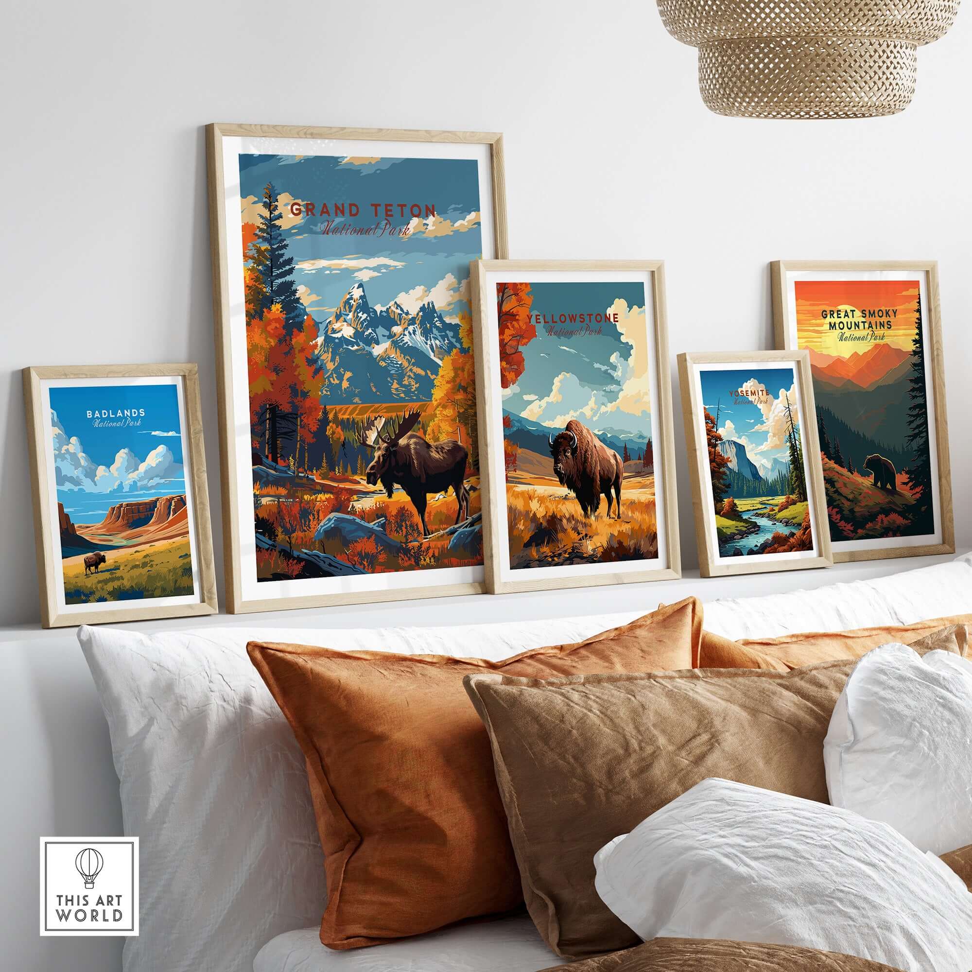 Grand Teton Poster | National Park Print framed on a wall with other national park prints in a cozy interior setting.