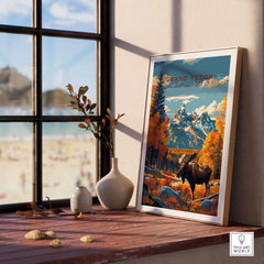 Grand Teton Poster | National Park Print displayed in a stylish interior setting with mountain scenery.