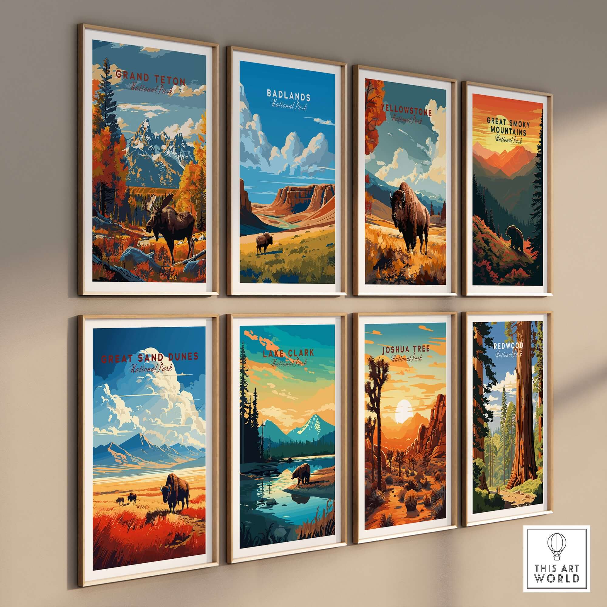 Grand Teton Poster | National Park Print collection displayed on a wall, showcasing stunning nature-themed artwork.