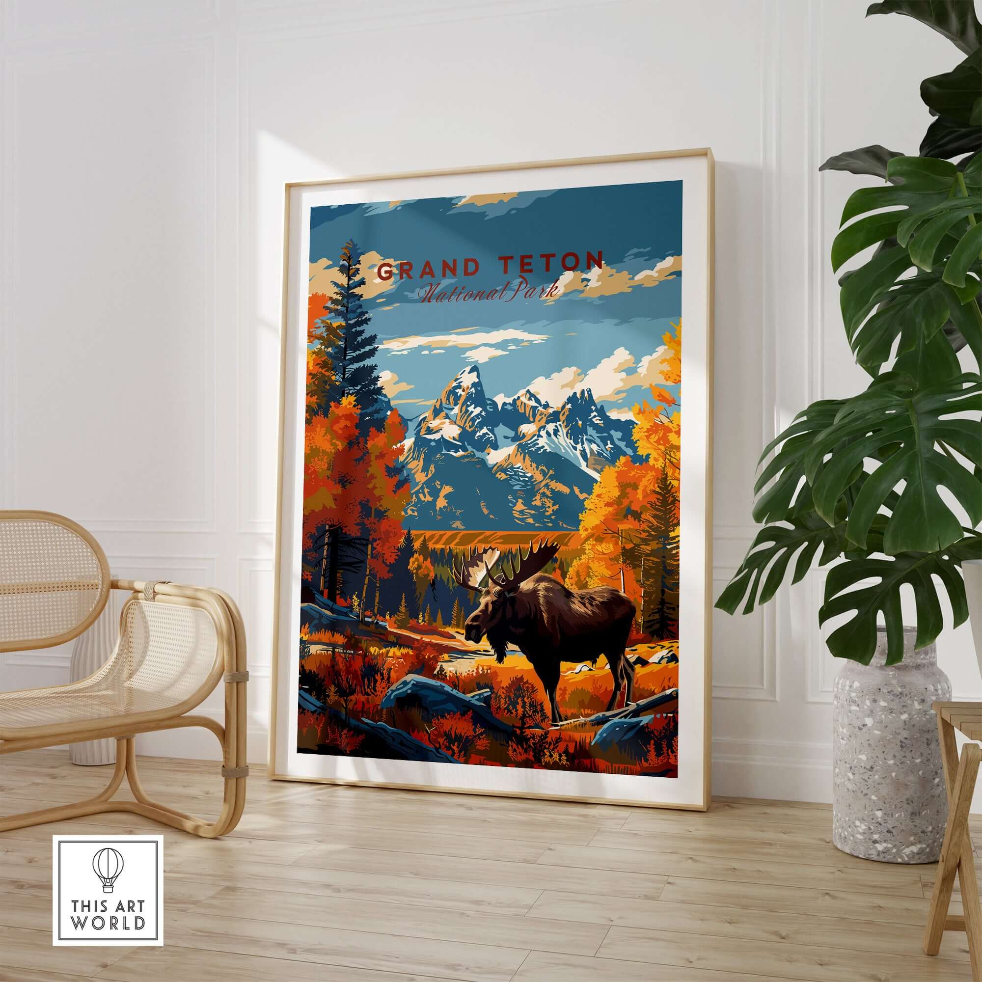 Grand Teton Poster | National Park Print featuring a majestic moose and vibrant fall scenery in a cozy home setting.